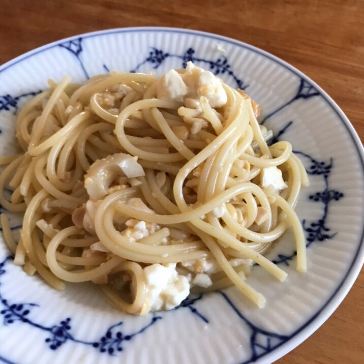 ちくわと豆腐、ひきわり納豆のパスタ